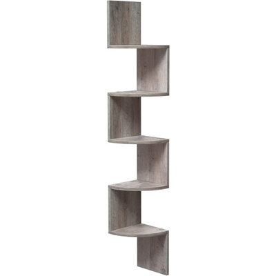 VASAGLE Corner Shelf, 5-tier Floating Wall Shelf With Zigzag Design, Bookshelf, Greige LBC020M01