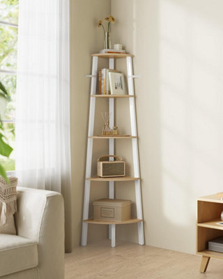 VASAGLE Corner Shelf, Bookcase with 5 Tiers, Ladder Shelf, Storage Shelf, with Steel Frame, Natural Oak Matte White