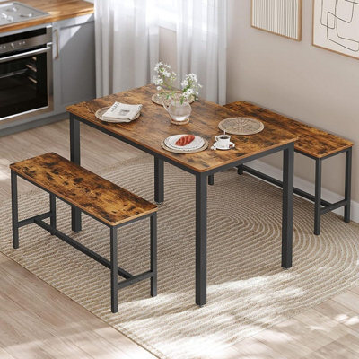 VASAGLE Dining Table with 2 Benches, 3 Pieces Set, Kitchen Table of 110 x 70 x 75 cm, 2 Benches of 97 x 30 x 50 cm Each