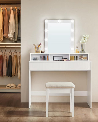 VASAGLE Dressing Table LED Lights Vanity Table with Mirror 2 Drawers and 3 Compartments Makeup Table