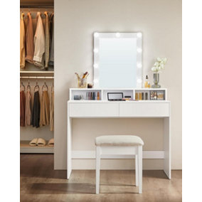 VASAGLE Dressing Table, LED Lights, Vanity Table with Mirror, 2 Drawers and 3 Compartments, Makeup Table, Modern, White