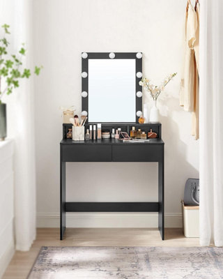 VASAGLE Dressing Table, LED Lights with Adjustable Brightness, Vanity Table with Mirror, 2 Drawers and 3 Compartments Table Black