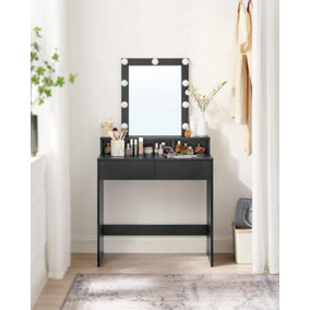 VASAGLE Dressing Table, LED Lights with Adjustable Brightness, Vanity Table with Mirror, 2 Drawers and 3 Compartments Table Black
