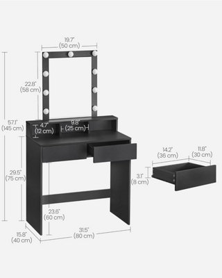 VASAGLE Dressing Table, LED Lights with Adjustable Brightness, Vanity Table with Mirror, 2 Drawers and 3 Compartments Table Black