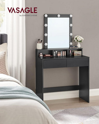 VASAGLE Dressing Table, LED Lights with Adjustable Brightness, Vanity Table with Mirror, 2 Drawers and 3 Compartments Table Black