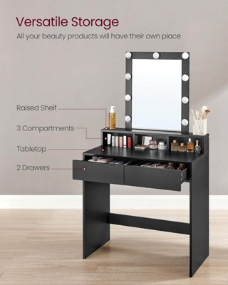 VASAGLE Dressing Table, LED Lights with Adjustable Brightness, Vanity Table with Mirror, 2 Drawers and 3 Compartments Table Black