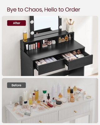 VASAGLE Dressing Table, LED Lights with Adjustable Brightness, Vanity Table with Mirror, 2 Drawers and 3 Compartments Table Black