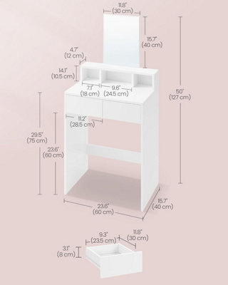 VASAGLE Dressing Table, Makeup Table, with Large Mirror, Vanity Table with 2 Drawers and 3 Compartments, Modern, White