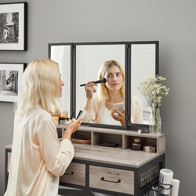 VASAGLE Dressing Table with Folding Mirror 3 Pieces Set Makeup Table with Padded Stool 3 Drawers