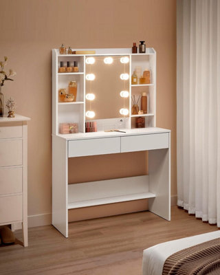 VASAGLE Dressing Table with LED Lights, 3 Light Colours, Adjustable Brightness, Vanity Desk with Mirror, Makeup Desk, White