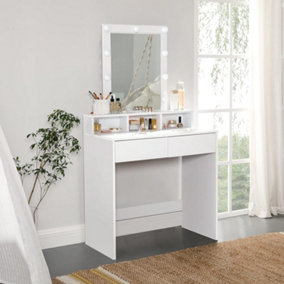 VASAGLE Dressing Table with Mirror and Light Bulbs, Makeup Table with 2 Drawers and 3 Open Compartments, Vanity Table, Modern