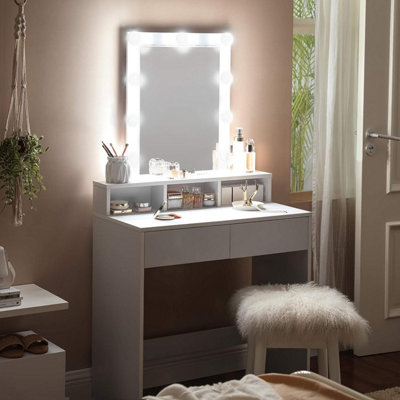 VASAGLE Dressing Table with Mirror and Light Bulbs, Makeup Table with 2 Drawers and 3 Open Compartments, Vanity Table, Modern