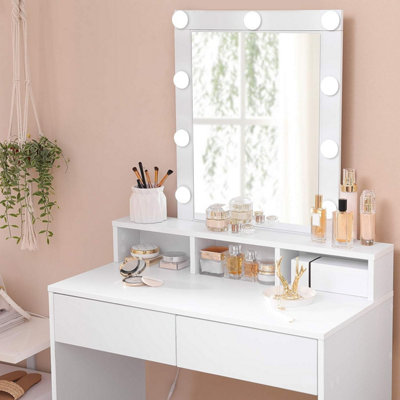 VASAGLE Dressing Table with Mirror and Light Bulbs, Makeup Table with 2 Drawers and 3 Open Compartments, Vanity Table, Modern