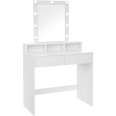 VASAGLE Dressing Table with Mirror and Light Bulbs, Makeup Table with 2 Drawers and 3 Open Compartments, Vanity Table, Modern