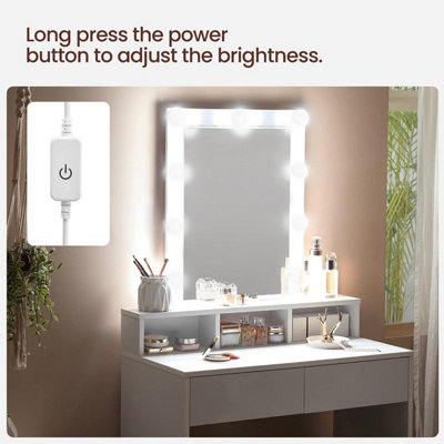 VASAGLE Dressing Table with Mirror and Light Bulbs, Makeup Table with 2 Drawers and 3 Open Compartments, Vanity Table, Modern