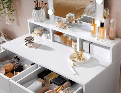 VASAGLE Dressing Table with Mirror and Light Bulbs, Makeup Table with 2 Drawers and 3 Open Compartments, Vanity Table, Modern