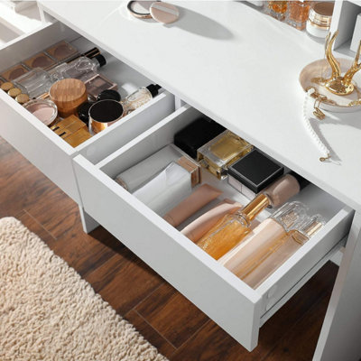 VASAGLE Dressing Table with Mirror and Light Bulbs, Makeup Table with 2 Drawers and 3 Open Compartments, Vanity Table, Modern
