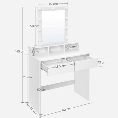 VASAGLE Dressing Table with Mirror and Light Bulbs, Makeup Table with 2 Drawers and 3 Open Compartments, Vanity Table, Modern