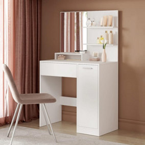 VASAGLE Dressing Table with Mirror, Storage Compartment, 1 Drawer, 2 Shelves, White RDT119W01