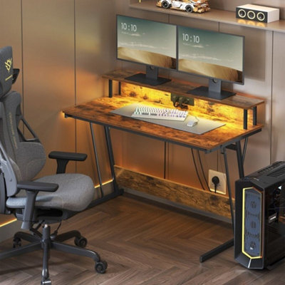 VASAGLE Gaming Table with LED Lights and Charging Ports, Desk with ...