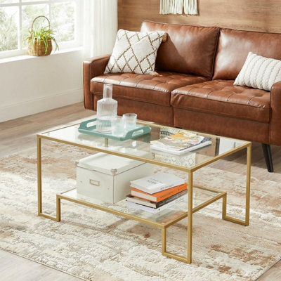 VASAGLE Glass Coffee Table with Storage for Living Room, Tempered Glass Surface, Steel Frame, 100 x 55 x 45 cm, Golden LGT033