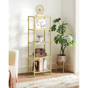 VASAGLE Glass Display Shelf, Bookcase, 5 Tier Organizer, Shelves, Tempered Glass, Easy Installation, Metallic Gold
