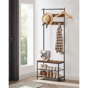 VASAGLE Industrial Coat Stand with Shoe Rack and Bench, Hall Tree Rack with Movable Hooks, Top Bar, Rustic Brown and Black