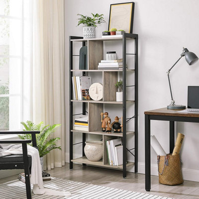 VASAGLE Industrial Display Unit, Five-Level Open Concept Bookshelf Design, Heather Greige and Ink Black