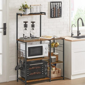 VASAGLE Industrial Kitchen Organizer, Standing Shelf with Metal Basket, 6 Hooks, Microwave Shelf Rack, Spice Rack, Dark Brown