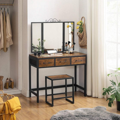 VASAGLE Industrial Vanity Combo, Dressing Table Set with Three-Way Mirror and Storage, Rustic Brown and Black