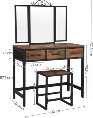 VASAGLE Industrial Vanity Combo, Dressing Table Set with Three-Way Mirror and Storage, Rustic Brown and Black