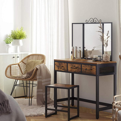 VASAGLE Industrial Vanity Combo, Dressing Table Set with Three-Way Mirror and Storage, Rustic Brown and Black