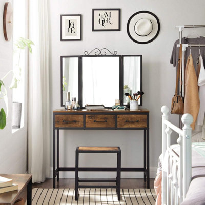 VASAGLE Industrial Vanity Combo, Dressing Table Set with Three-Way Mirror and Storage, Rustic Brown and Black