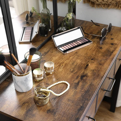 VASAGLE Industrial Vanity Combo, Dressing Table Set with Three-Way Mirror and Storage, Rustic Brown and Black