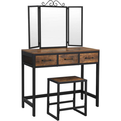 VASAGLE Industrial Vanity Combo, Dressing Table Set with Three-Way Mirror and Storage, Rustic Brown and Black
