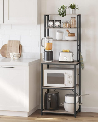 VASAGLE Kitchen Shelf Coffee Bar Baker s Storage 6 Shelves and 6 Hooks Robust Metal Industrial Greige