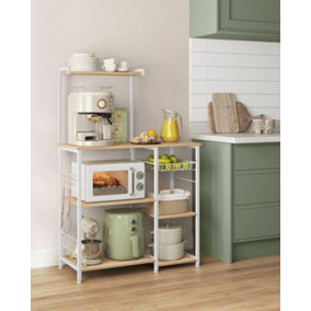 VASAGLE Kitchen Shelf, Microwave Stand, Baker's Rack, Kitchen Storage Rack, Wire Basket, Utility Storage, Oak Beige & White