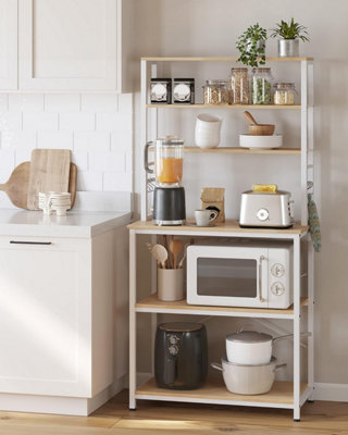 VASAGLE Kitchen Shelving Unit, Storage Rack, Baker's Rack, with 6 Shelves and 6 Hooks, Oak Colour and White