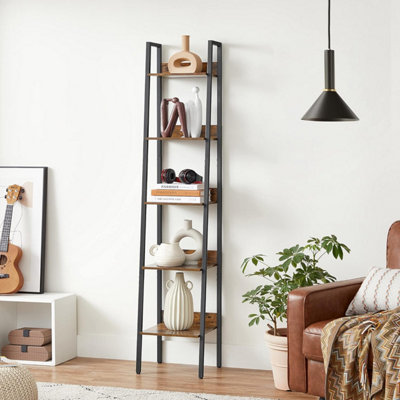 VASAGLE Ladder Shelving Unit, 5-Tier Vertical Bookshelf, Functional Organizer, Industrial, Rustic Brown and Ink Black