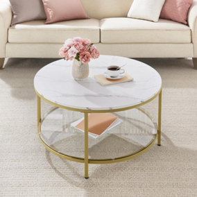 VASAGLE Large Coffee Table, Sofa Cocktail Table, Living Room Marble Round, Tempered Glass, Modern, Marble White & Metallic Gold