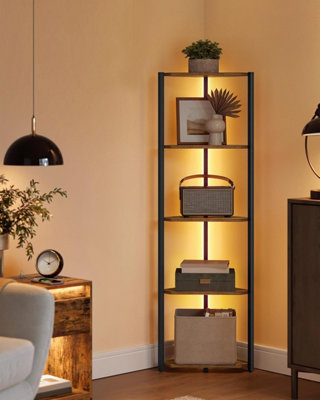 VASAGLE LED Corner Display, 5-Tier Bookshelf with Illuminated Shelves, Metal Frame Storage Unit, Rustic Brown