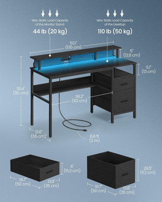 VASAGLE LED Gaming Desk with Built In Power Outlets Workstation with Shelf Drawers USB Ports Ebony