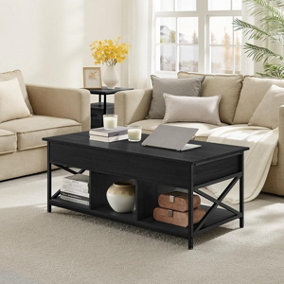 VASAGLE Lift-Top Table, Coffee Table, Living Room, with Open and Hidden Storage, X-Shaped Bars, Charcoal Grey and Black