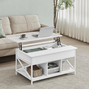 VASAGLE Living Room Table, Coffee Table, Elevating Top, Table with Compartments, X-Shaped, White