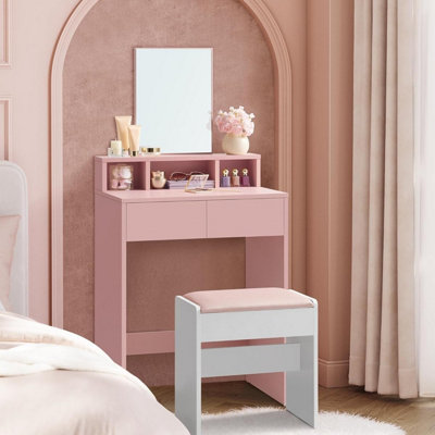 VASAGLE Modern Makeup Station, Mirrored Vanity Setup with Storage Solutions, Jelly Pink