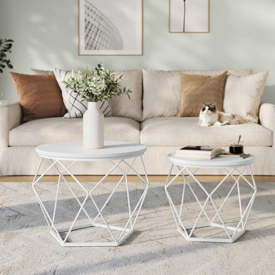 VASAGLE Modern Round Coffee Table Set, Pair of End Tables with Removable Top, Steel Frame, Snow White and Cloud White