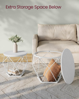 VASAGLE Modern Round Coffee Table Set, Pair of End Tables with Removable Top, Steel Frame, Snow White and Cloud White