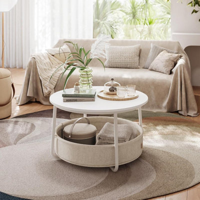 VASAGLE Modern Storage Center, Round Living Room Table with Fabric Basket, Matte White and Camel Brown