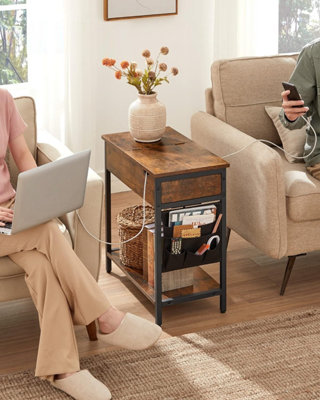 VASAGLE Narrow Side Table with Charging Dock Bedside Storage Solution USB Connectivity Power Outlets Rustic Brown
