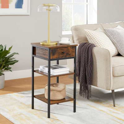 VASAGLE Nightstand, Industrial Storage Unit with Drawer and Double Shelves, Rustic Brown and Black